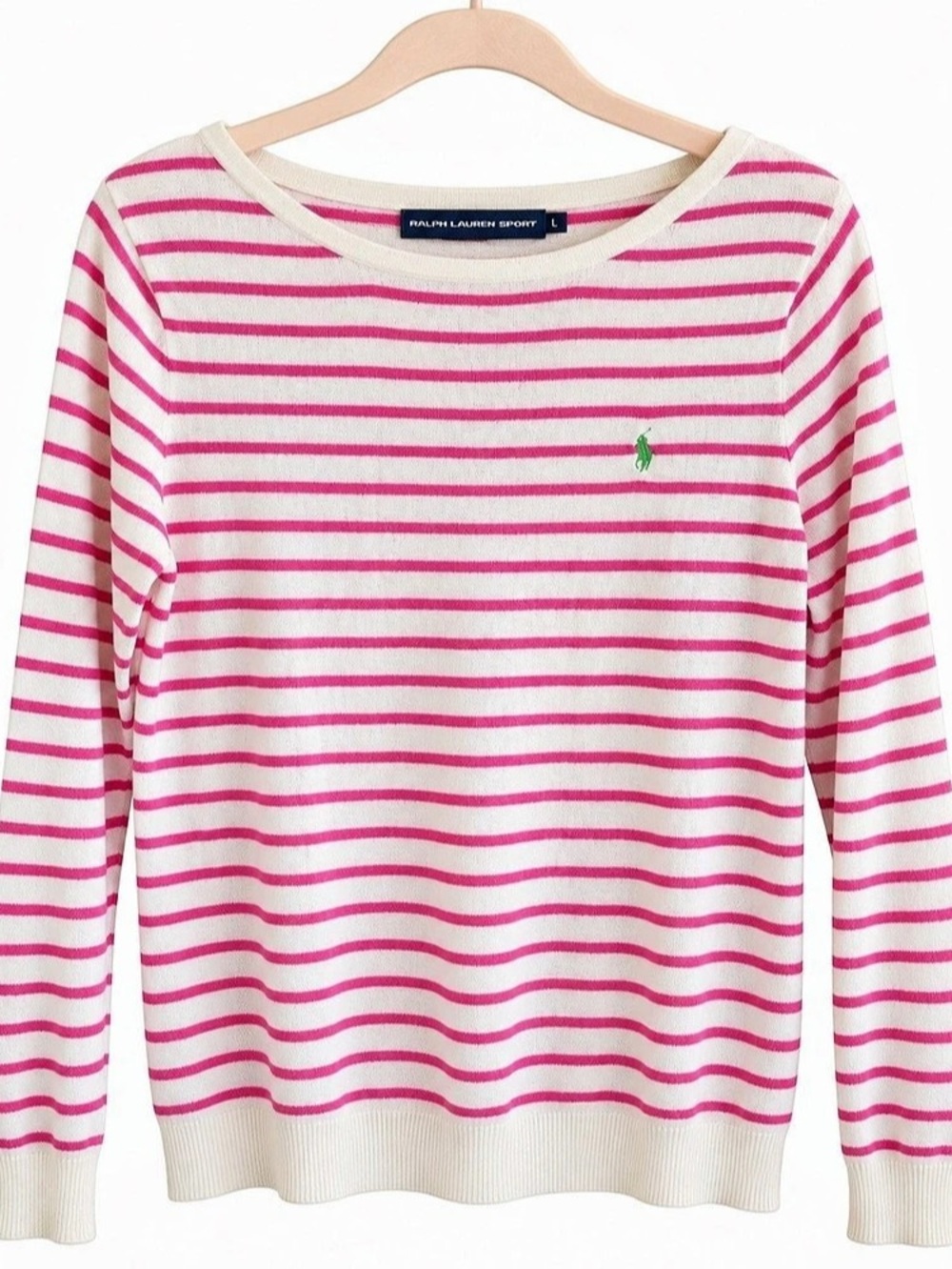 Ralph Lauren Sport Pink Cream Striped Cotton Linen Boatneck Sweater L